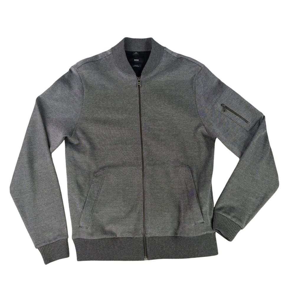 BOSS Hugo Boss Jacket Mens M Gray Birdseye Cotton Silk Full Zip Bomber Slim Fit